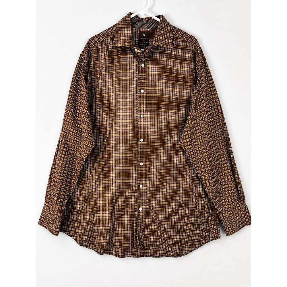 TailorByrd Mens XXL Brown Yellow Plaid Contrast Cuffs Cotton Button Front Shirt